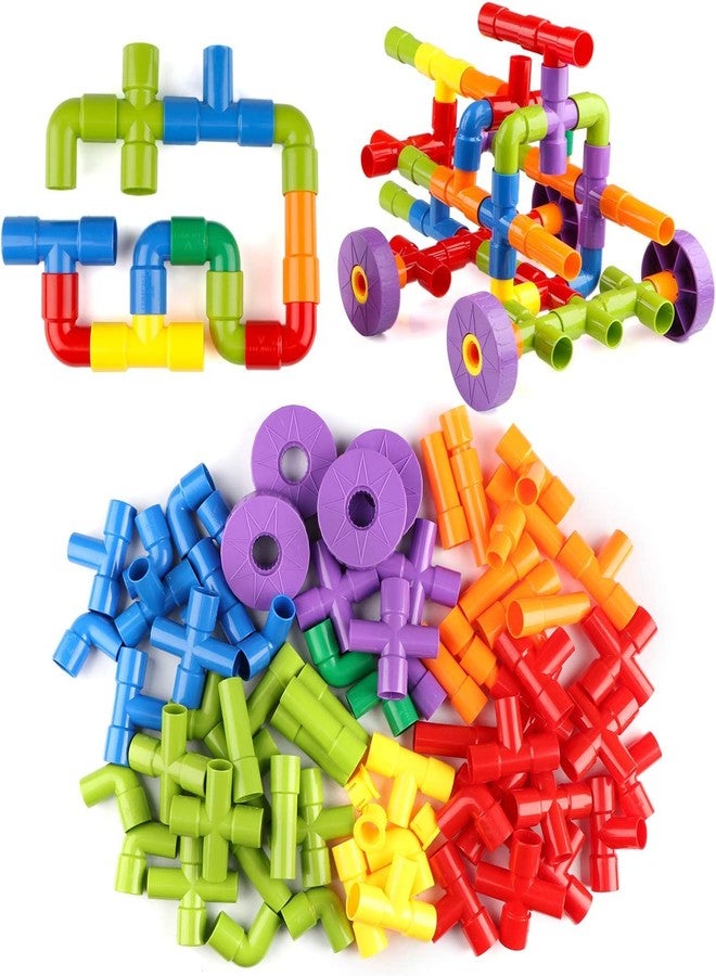 PULSBERY لعبة تركيب أنابيب تعليمية للأطفال من بولسبري - 85 قطعة من أنابيب المياه البلاستيكية، مجموعة تركيب إبداعية على شكل أقفال أنابيب مع عجلات، ألعاب تعليمية للأطفال في مرحلة ما قبل المدرسة (85 قطعة) - Image 1